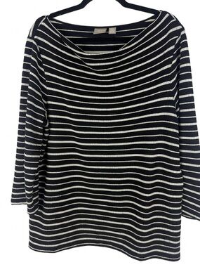 Chico's Striped Boatneck Top Size 2 Black White 3/4 Sleeve Textured Knit